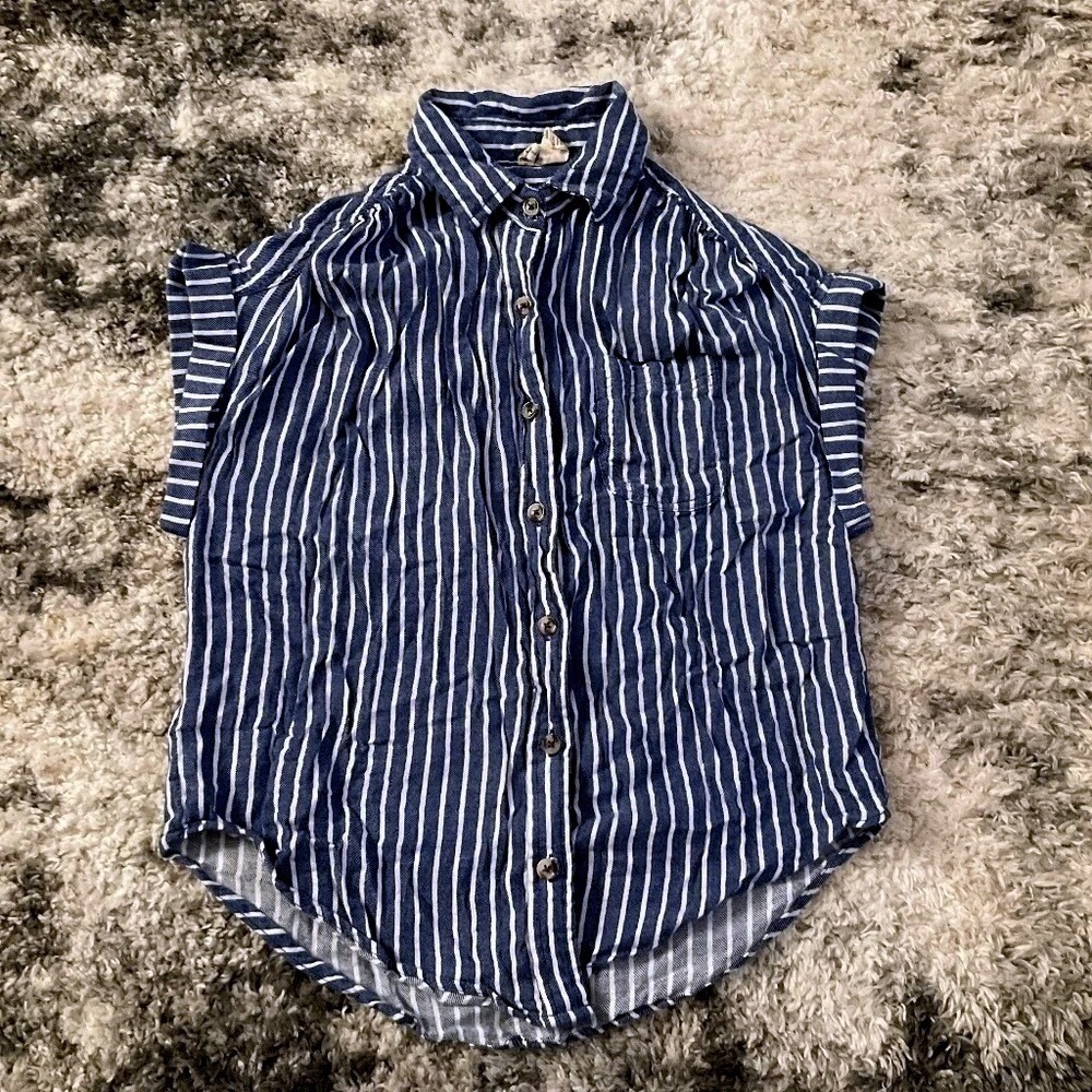 Striped Button Down Shirt Short Sleeve Casual Top  Blue White